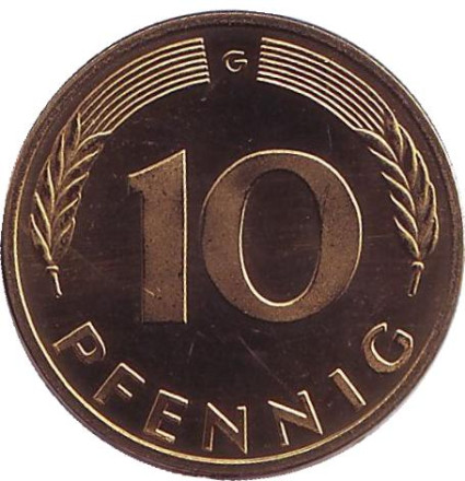 Монета 10 пфеннигов. 1982 год (G), ФРГ. UNC. Дубовые листья.