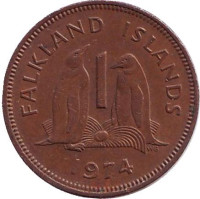 Субантарктические пингвины. Монета 1 пенни. 1974 год, Фолклендские острова.