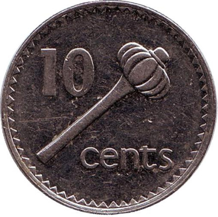 Монета 10 центов. 1990 год, Фиджи. Метательная дубинка - ула тава тава.