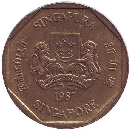 Монета 1 доллар, 1987 год, Сингапур. Барвинок. Монета 1 доллар, 1987 год, Сингапур. Барвинок.