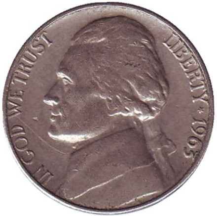 Монета 5 центов. 1963 год (D), США. Джефферсон. Монтичелло.