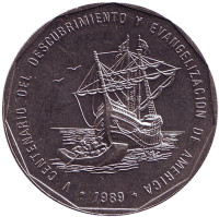 500 лет открытию и евангелизации Америки. Монета 1 песо. 1988 год, Доминиканская Республика.