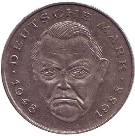 Монета 2 марки. 1989 год (G), ФРГ. Людвиг Эрхард.