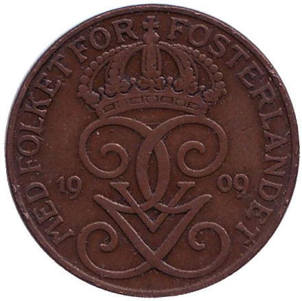 Монета 5 эре. 1909 год, Швеция. (большой крест)