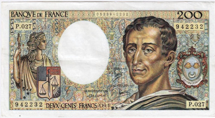 Банкнота 200 франков. 1985 год, Франция. Шарль Луи де Монтескье.