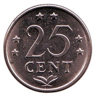Монета 25 центов. 1984 год, Нидерландские Антильские острова. Монета 25 центов. 1984 год, Нидерландские Антильские острова.