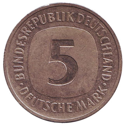 Монета 5 марок. 1990 год (J), ФРГ.