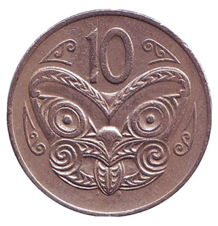 Монета 10 центов. 1972 год, Новая Зеландия. Маска маори.