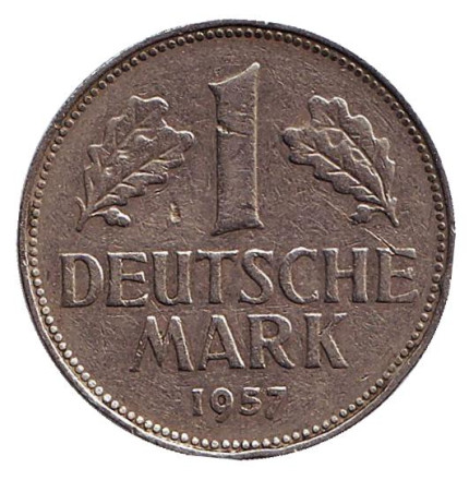 Монета 1 марка. 1957 год (G), ФРГ.