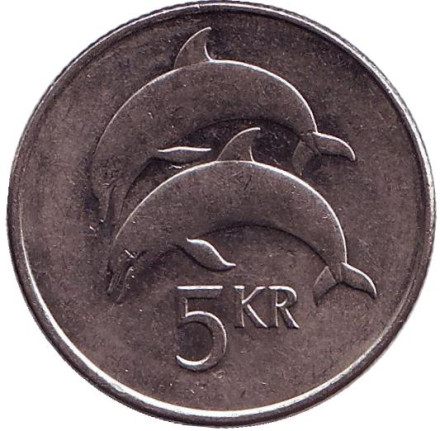 Монета 5 крон, 2005 год, Исландия. Дельфины.
