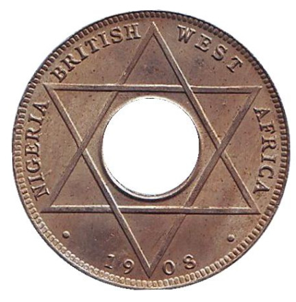 Монета 1/10 пенни. 1908 год, Британская Западная Африка. Состояние - VF. (Медно-никелевый сплав)