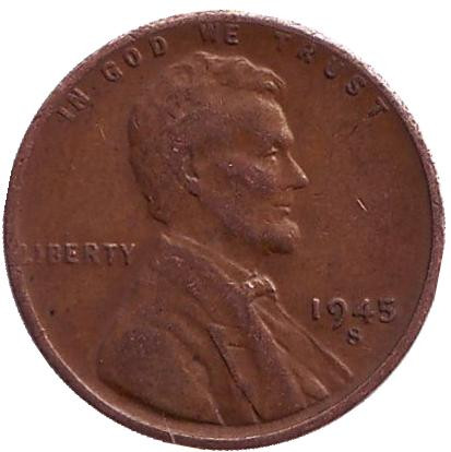 Монета 1 цент. 1945 год (S), США. Линкольн.