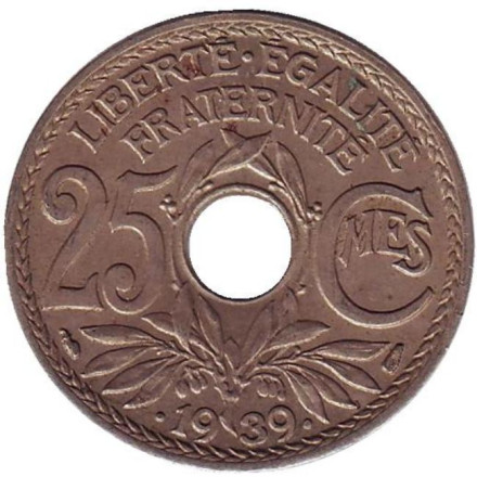 Монета 25 сантимов. 1939 год, Франция.