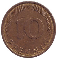 Дубовые листья. Монета 10 пфеннигов. 1986 год (D), ФРГ.