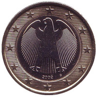 Монета 1 евро. 2002 год (G), Германия.