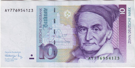 Банкнота 10 марок. 1991 год, ФРГ. Карл Фридрих Гаусс. Секстант.