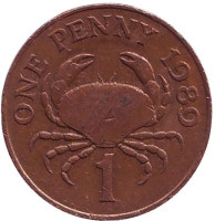 Краб. Монета 1 пенни, 1989 год, Гернси.