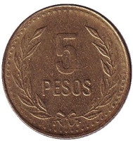 Монета 5 песо. 1993 год, Колумбия.