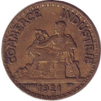 Монета 50 сантимов. 1921 год, Франция.