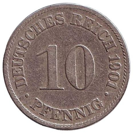 Монета 10 пфеннигов. 1901 год (D), Германская империя.