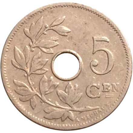 Монета 5 сантимов. 1906 год, Бельгия. (Belgie)