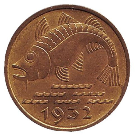 Монета 10 пфеннигов. 1932 год, Данциг. Треска.