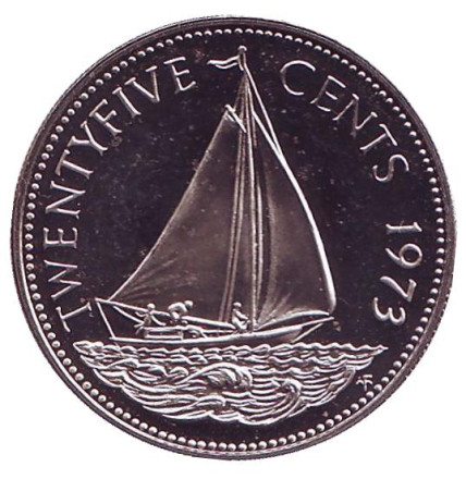 Монета 25 центов. 1973 год, Багамские острова. Proof. Парусник.