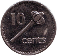 Метательная дубинка - ула тава тава. Монета 10 центов. 1992 год, Фиджи.