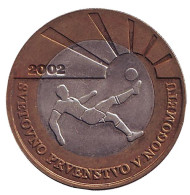 Монета 500 толаров. 2002 год, Словения. Из обращения. Кубок мира ФИФА 2002. Корея - Япония. Монета 500 толаров. 2002 год, Словения. Из обращения. Кубок мира ФИФА 2002. Корея - Япония.