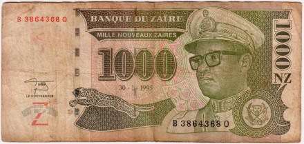 Банкнота 1000 новых заиров. 1995 год, Заир. Мобуту Сесе Секо.