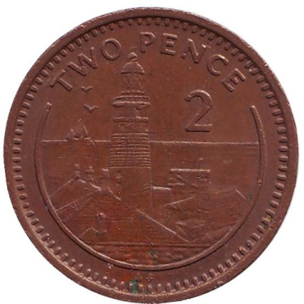 Монета 2 пенса. 1989 год, Гибралтар. (Отметка "AB") Маяк.