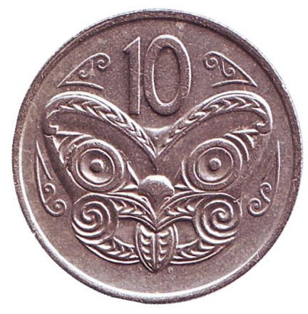 Монета 10 центов. 1977 год, Новая Зеландия. Маска маори.