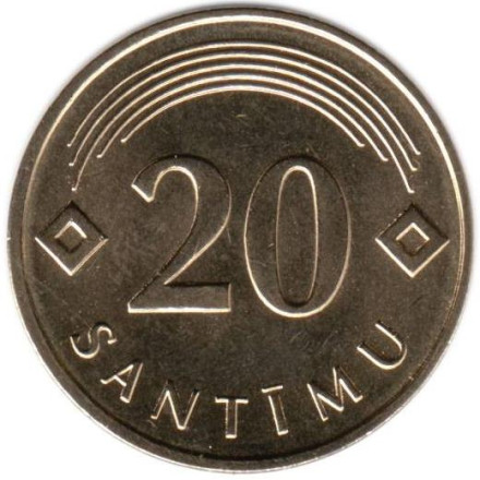 Монета 20 сантимов, 2009 год, Латвия.