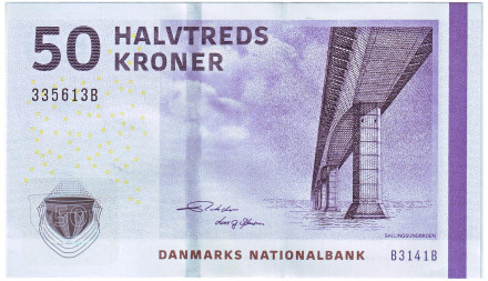 Банкнота 50 крон. 2014 (2009) год, Дания. Мост Саллингсунд.