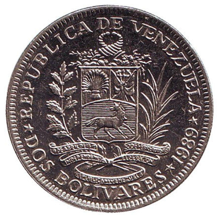 Монета 2 боливара. 1989 год, Венесуэла. (Крупный шрифт)