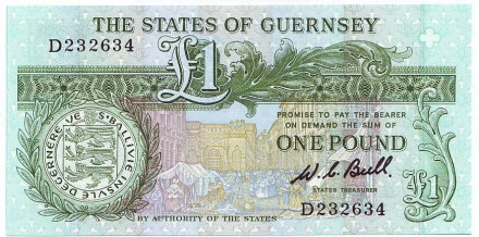 Банкнота 1 фунт. 1980-89 гг., Гернси. (Подпись: W. C. Bull)