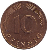 Дубовые листья. Монета 10 пфеннигов. 1991 год (F), ФРГ.