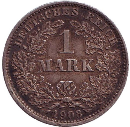 Монета 1 марка. 1908 год (E), Германская империя.