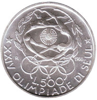 XXIV летние Олимпийские Игры, Сеул 1988. Монета 500 лир. 1988 год, Италия.