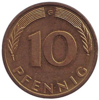 Дубовые листья. Монета 10 пфеннигов. 1989 год (G), ФРГ.
