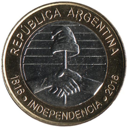 Монета 2 песо. 2016 год, Аргентина. 200-летие независимости Аргентины.