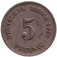 Монета 5 пфеннигов. 1913 год (F), Германская империя.