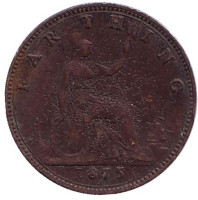 Монета 1 фартинг. 1875 год (H), Великобритания. 
