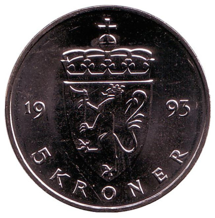 Монета 5 крон. 1993 год, Норвегия. UNC.