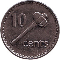 Метательная дубинка - ула тава тава. Монета 10 центов. 1996 год, Фиджи.