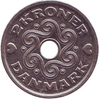 Монета 2 кроны. 1999 год, Дания.
