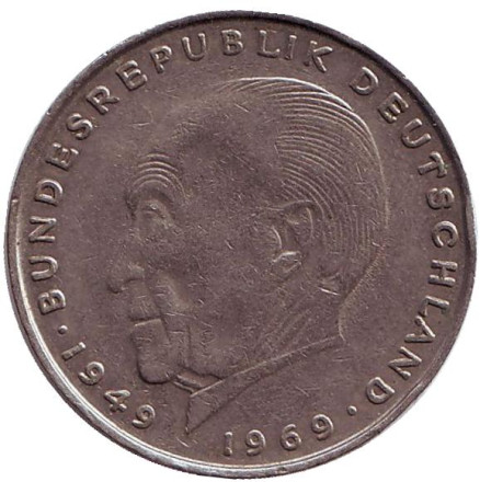 Монета 2 марки. 1970 год (D), ФРГ. Из обращения. Конрад Аденауэр.