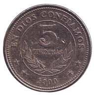 Монета 5 кордоб. 2000 год, Никарагуа. Горы-вулканы. Монета 5 кордоб. 2000 год, Никарагуа. Горы-вулканы.