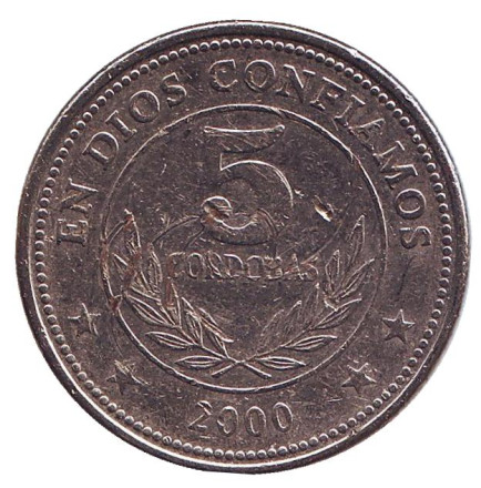 Монета 5 кордоб. 2000 год, Никарагуа. Горы-вулканы.