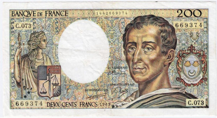 Банкнота 200 франков. 1989 год, Франция. Шарль Луи де Монтескье.